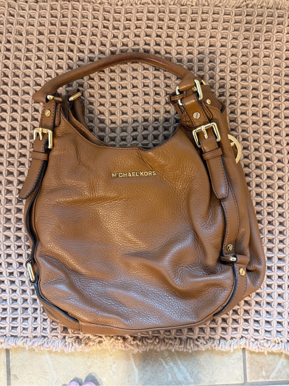 Michael Kors Brown Pebbled Leather Shoulder Hobo with Gold Hardware
